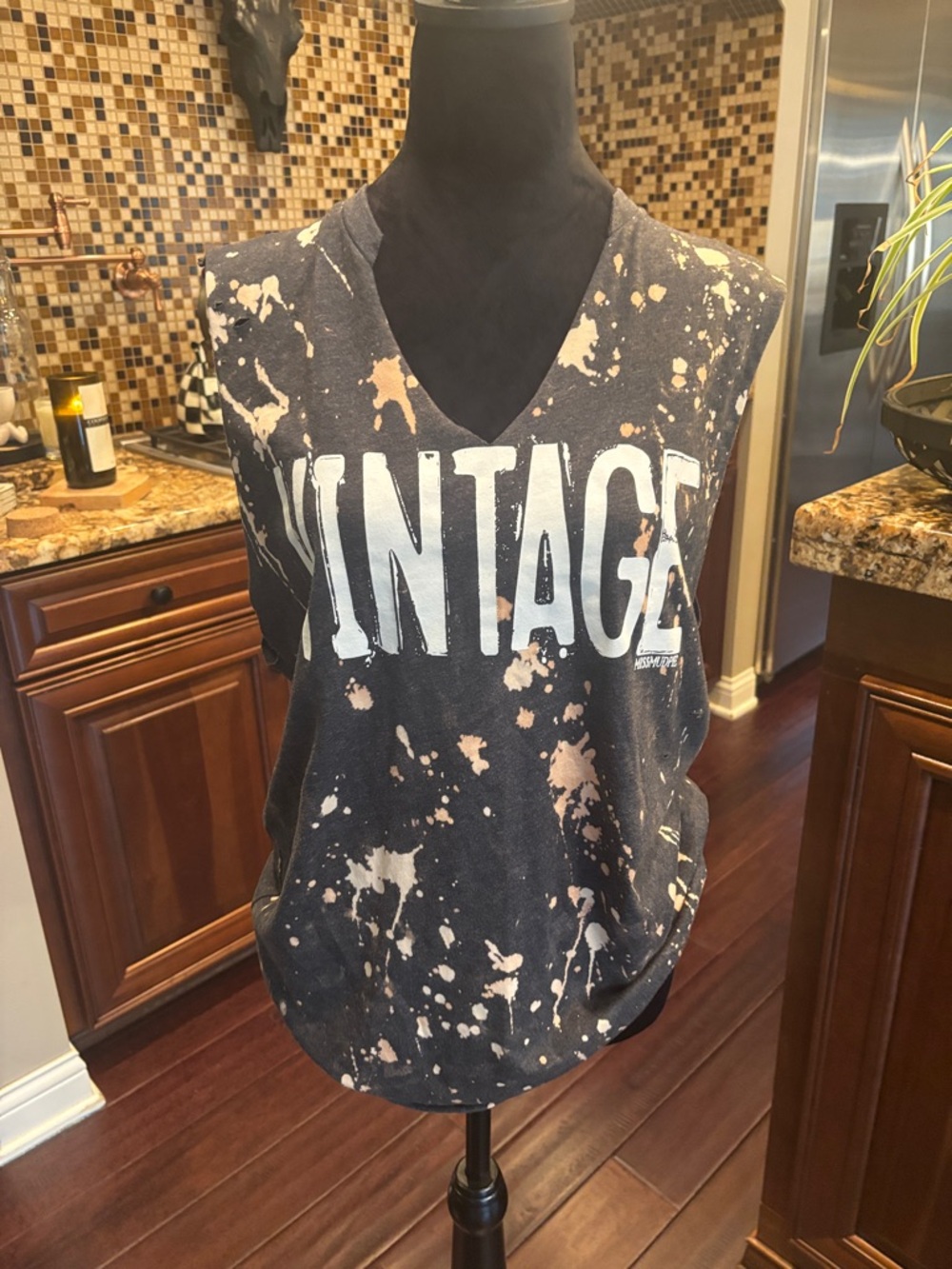Next Level Apparel Black VINTAGE Bleach-Splatter V-Neck Muscle Tee